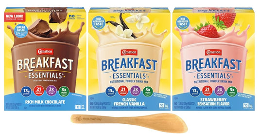 Breakfast Essentials Nutritional Powder Drink Mix Rich Milk Chocolate Classic French Vanilla and Strawberry Sensation 126 Ounce 30 Packets  with Make Your Day Stirrer