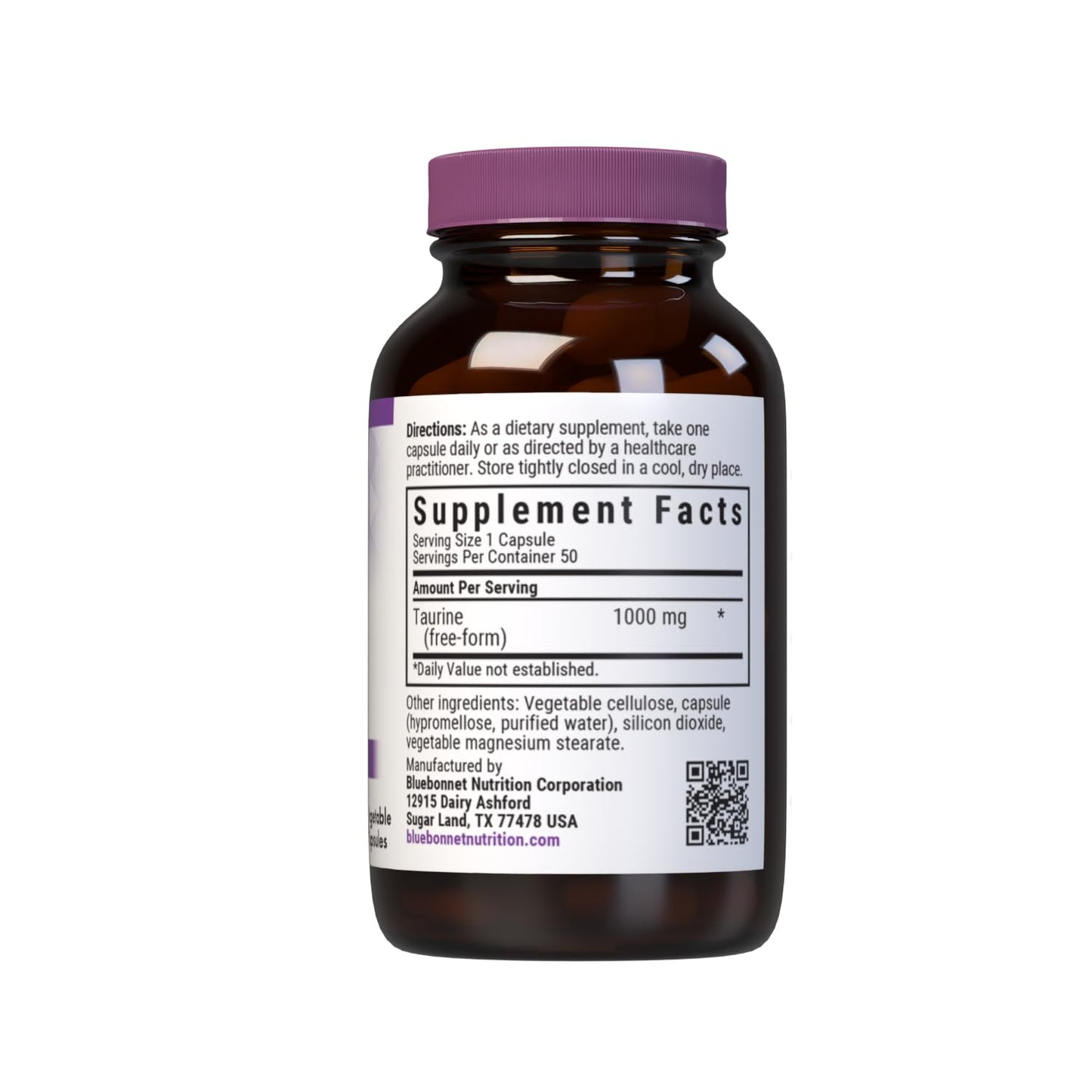Bluebonnet Nutrition Taurine 1000mg, Free-Form Amino Acid, for Nervous System Health, Soy-Free, Gluten-Free, Non-GMO, Kosher Certified, Vegan, White, 50 Vegetable Capsules, 50 Servings