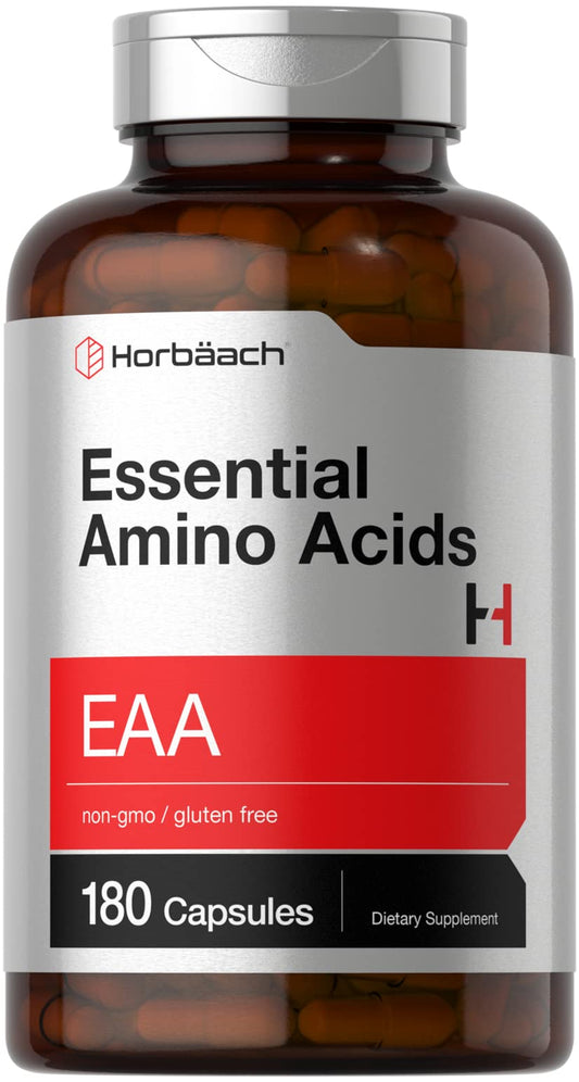 Horbäach Essential Amino Acids Supplement | 180 Capsules | Optimum Ratio with BCAAs | Non-GMO & Gluten Free EAA