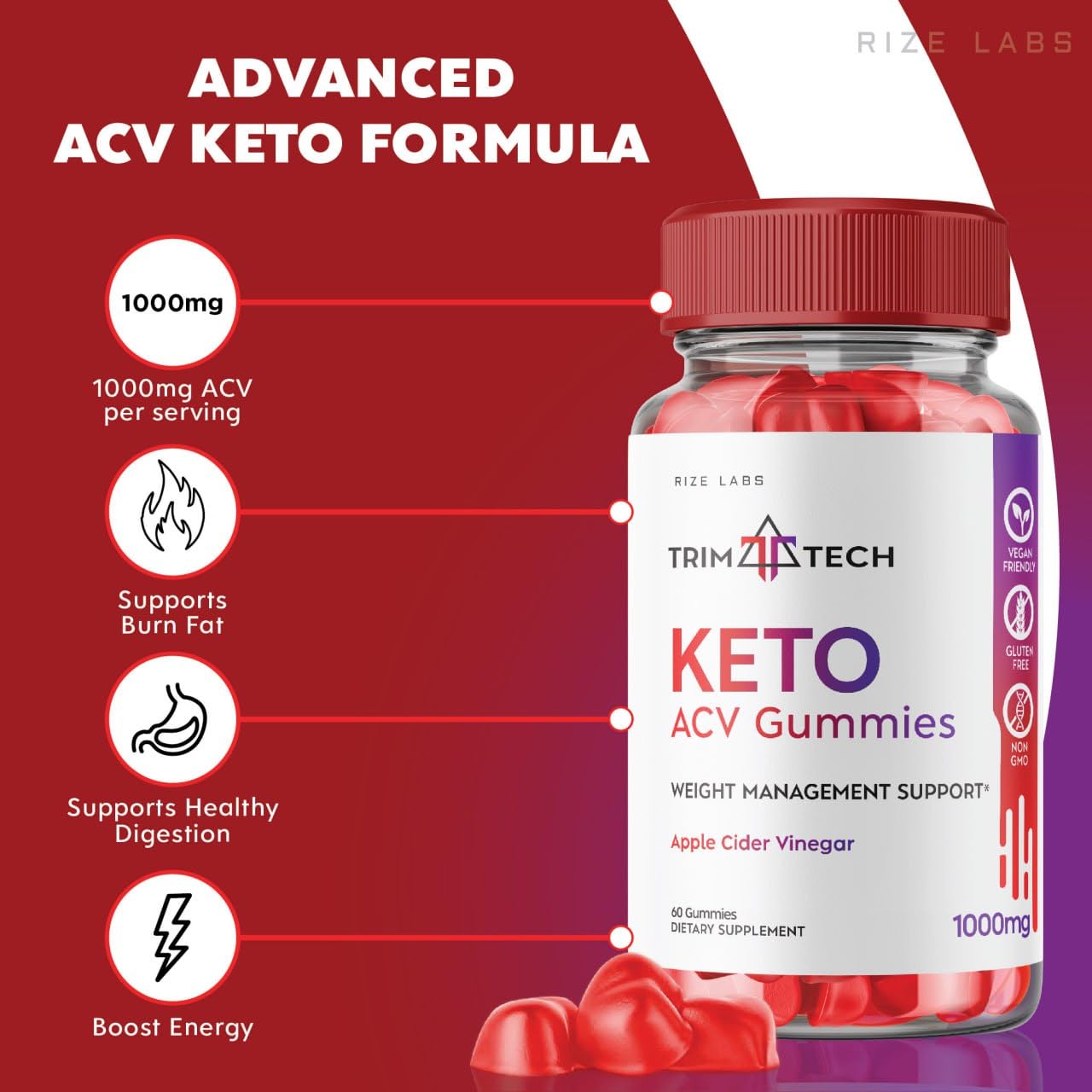 rize labs - Trim Tech Keto ACV Gummies for Advanced Weight Loss with Apple Cider Vinegar, Supplement Helps in Reducing Belly Fat (60 Gummies)