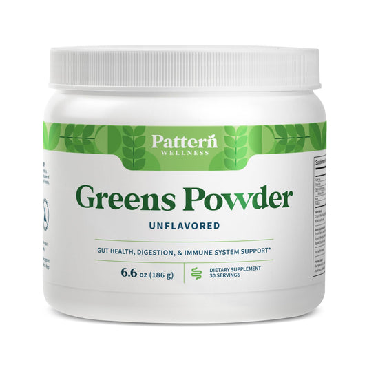 Pattern Wellness Greens Powder Superfood - Complete with Antioxidant, Digestive Enzyme, Fiber, Probiotic, & Adaptogen Blends - Gut, Digestion, & Immune System - 30 Servings - 6.6 oz (Unflavored)