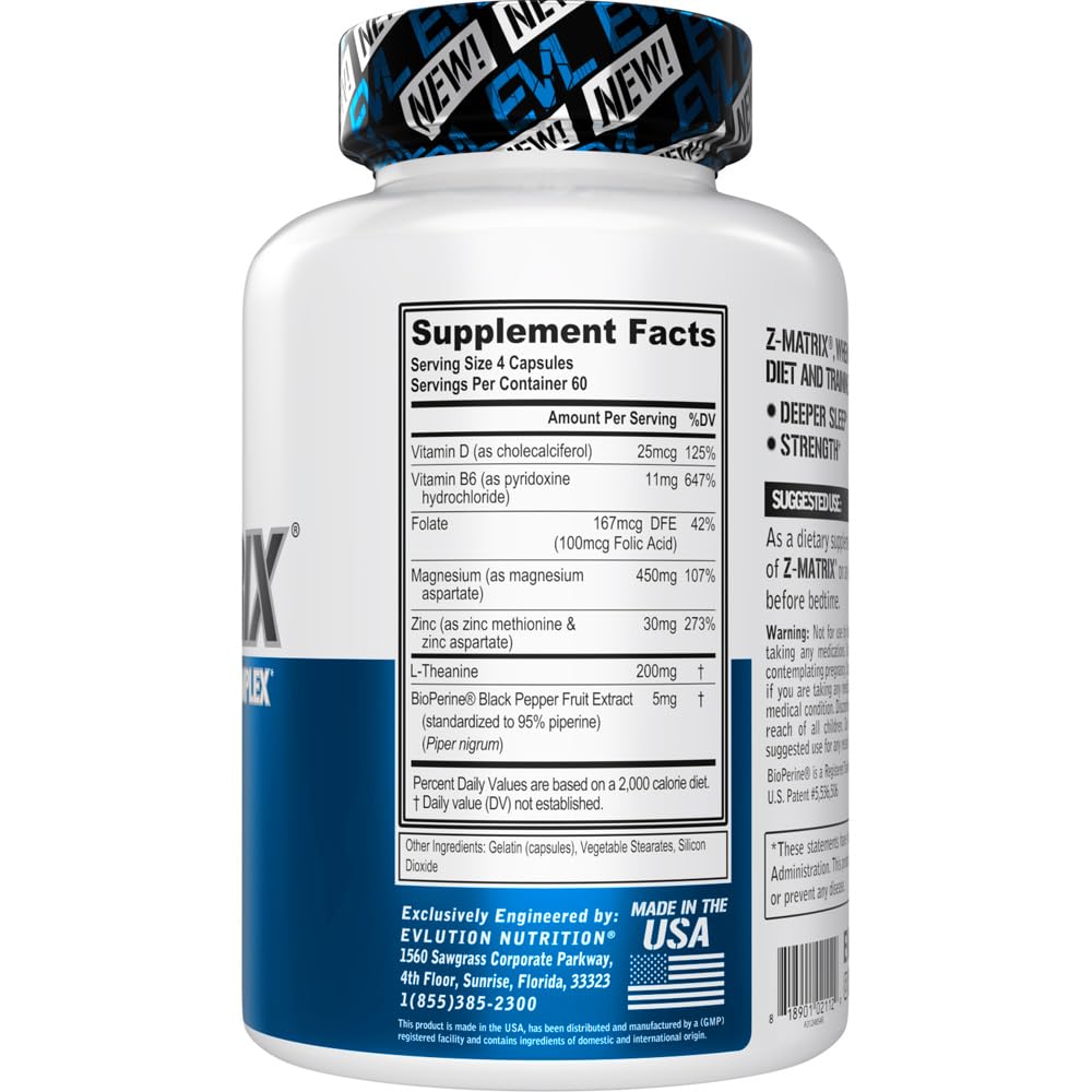 Evlution EVL Post Workout Recovery Bodybuilding Supplement - Magnesium and Zinc - ZMatrix Zinc Magnesium Aspartate Muscle Recovery Supplement for Sleep Support and Muscle Health