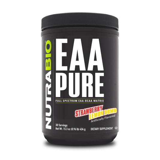 NutraBio - EAA Pure - 9 Amino Acids - Muscle Repair and Recovery, 30 Servings, Strawberry Lemon Bomb - Pre or Post Workout - All Day Recovery