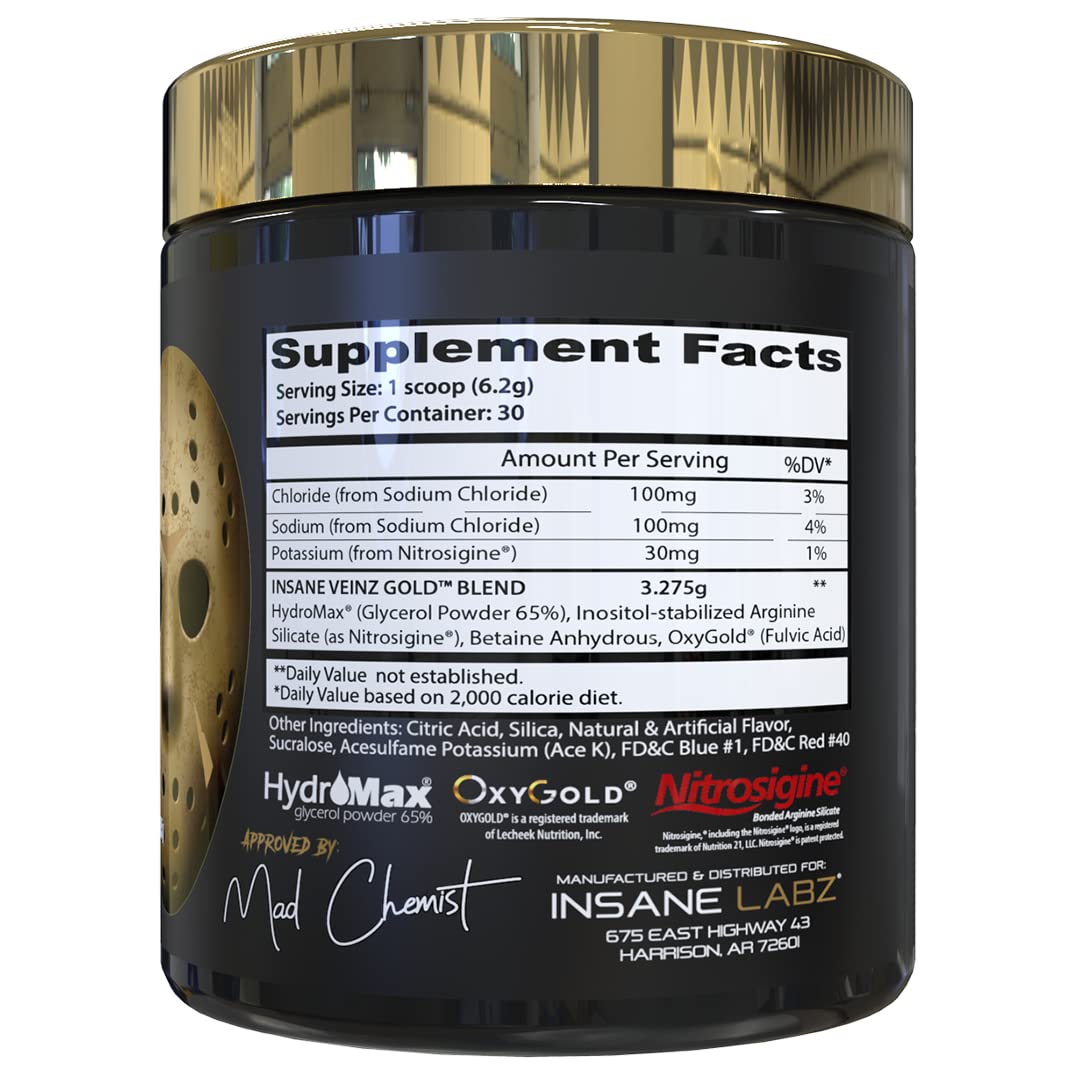 Insane Labz Insane Veinz Gold, Nitric Oxide Non Stimulant pre Workout Powder, Loaded with Hydromax, Nitrosigine, Increases Vascularity and Blood Flow, 30 Srvgs, Grape