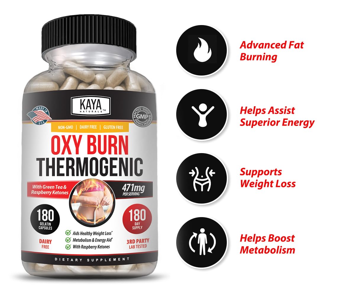 Kaya Naturals Oxy Burn - Thermogenic Herbal Formula for Active Living - Non-GMO & Gluten-Free - 180 Count