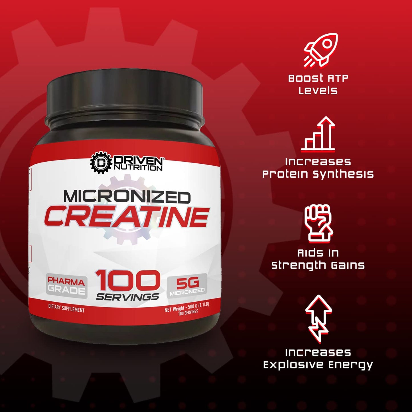 Driven Nutrition Creatine, 500g - Unflavored Micronized Powder, Physical Performance & Cognition - 5g Per Serving for Reduced Fatigue & Increased Strength, Muscle Mass, Endurance, & Speed