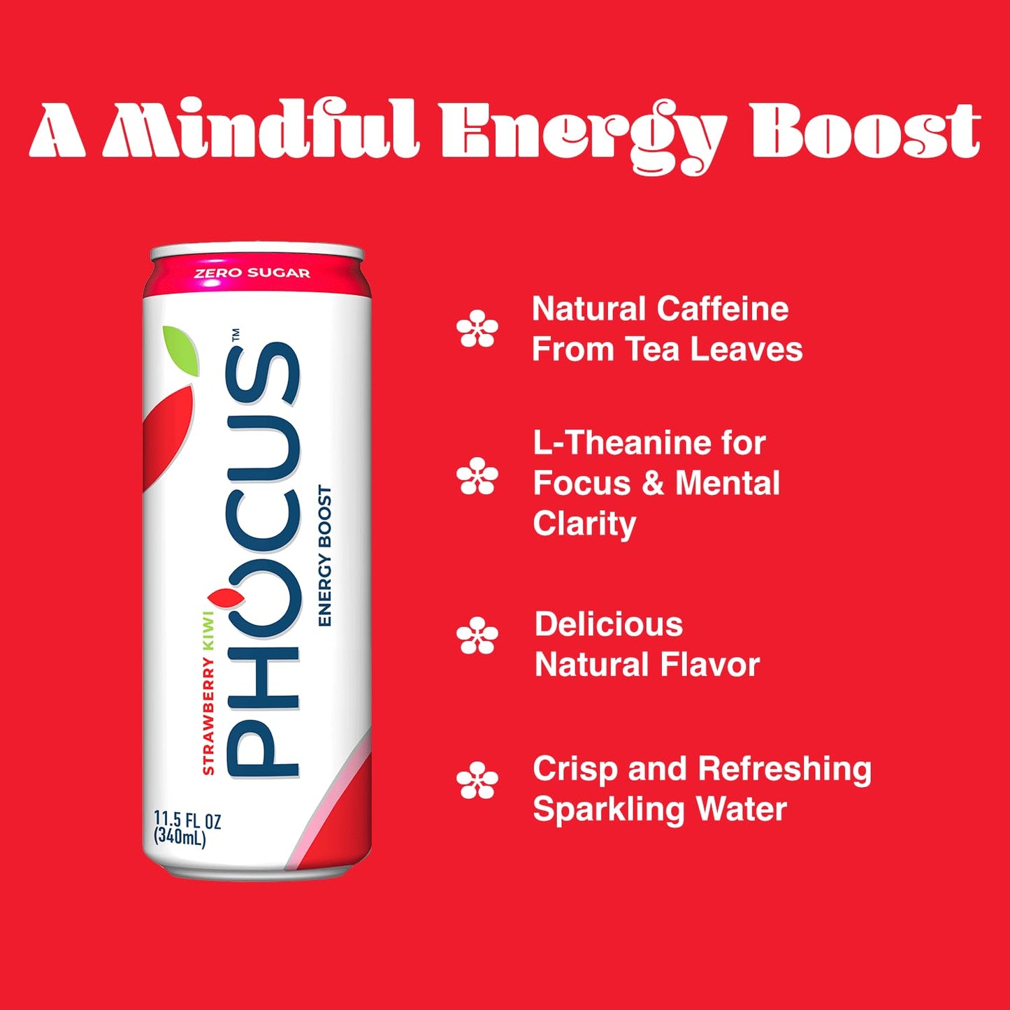 Phocus Energy Boost Strawberry Kiwi  No Sugar  75mg Caffeine  LTheanine  0 Calories  Natural Flavors  Sweeteners  115 fl oz Pack of 12