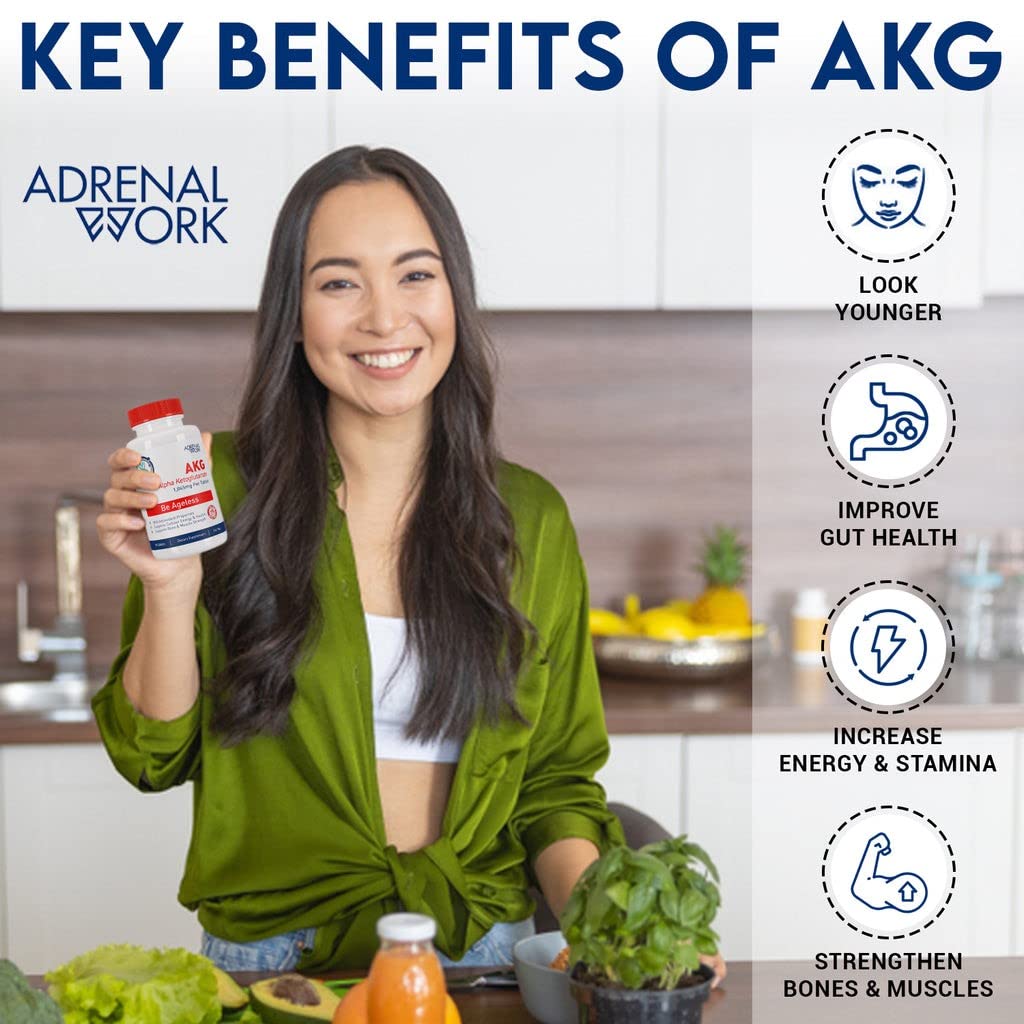 Adrenalwork - AKG (Alpha Ketoglutarate) and L arginine Supplement - 1,000 mg per Tablet, 90 Day Supply - Cellular Detox to Support Healthy Aging : Stronger Bones, Less Grey Hair, Better Gut Health*