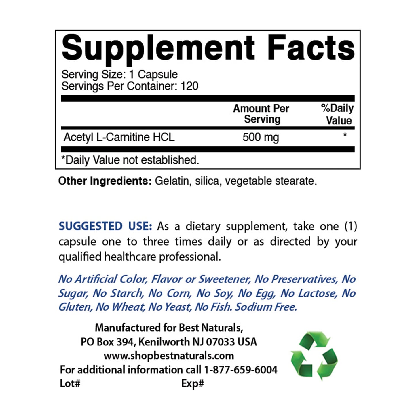 Best Naturals Acetyl L-Carnitine 500 Mg 120 Capsules (120 Count (Pack of 1))