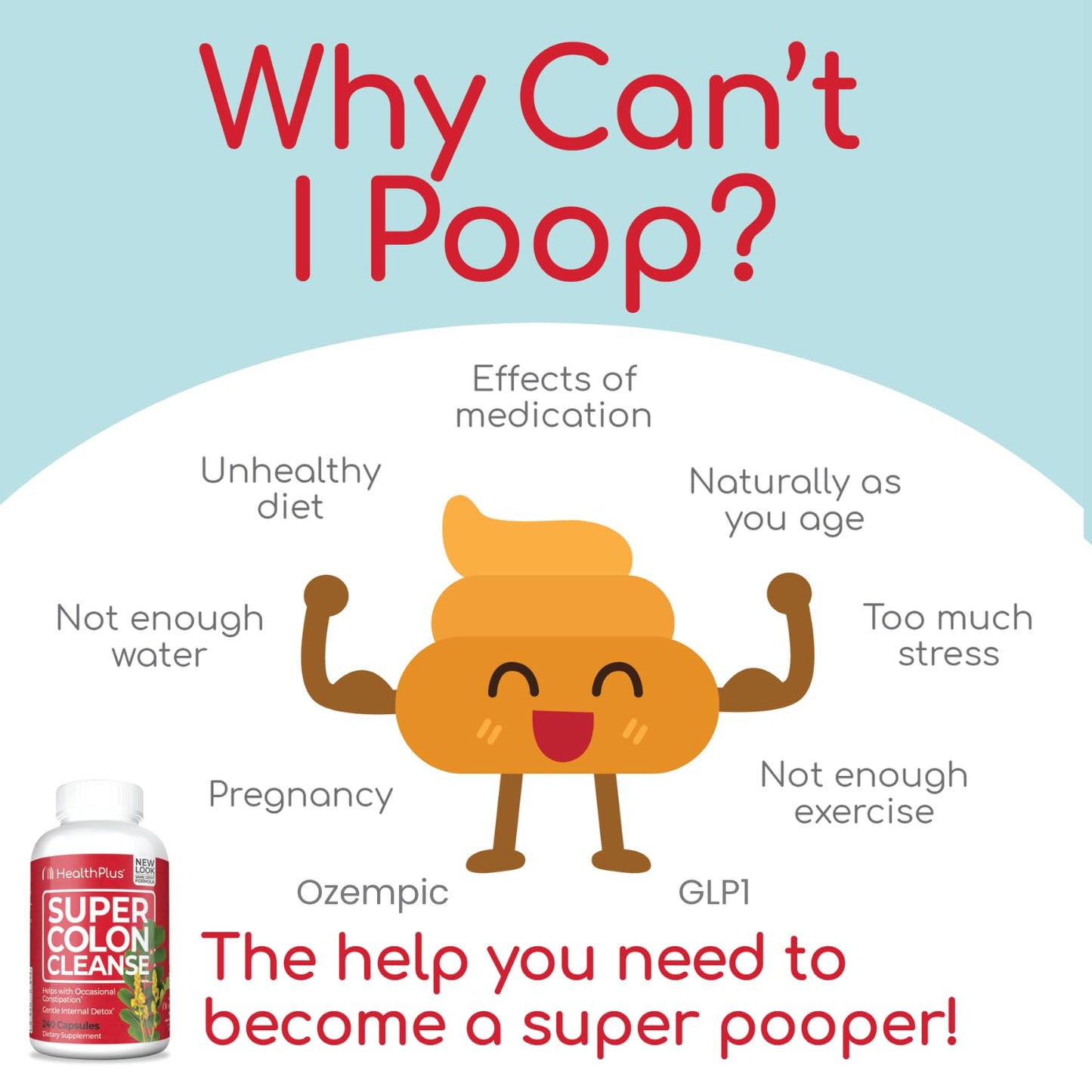 Health Plus Super Colon Cleanse 30 Day Supply of Gentle Gut Cleanse Detox, Psyllium Husk, Probiotics for Constipation Relief & Digestive Support, 120 Capsules
