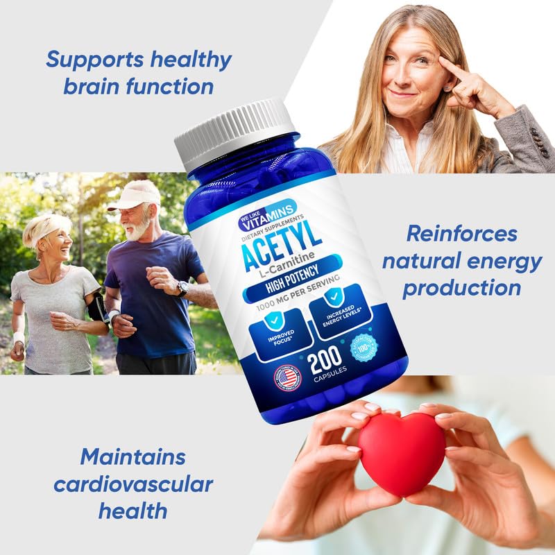 We Like Vitamins Acetyl L-Carnitine 1000mg Capsules - 200 Easy to Swallow Veggie Capsules - Acetyl l Carnitine Supplement Helps Support Focus, Brain Function, and Energy