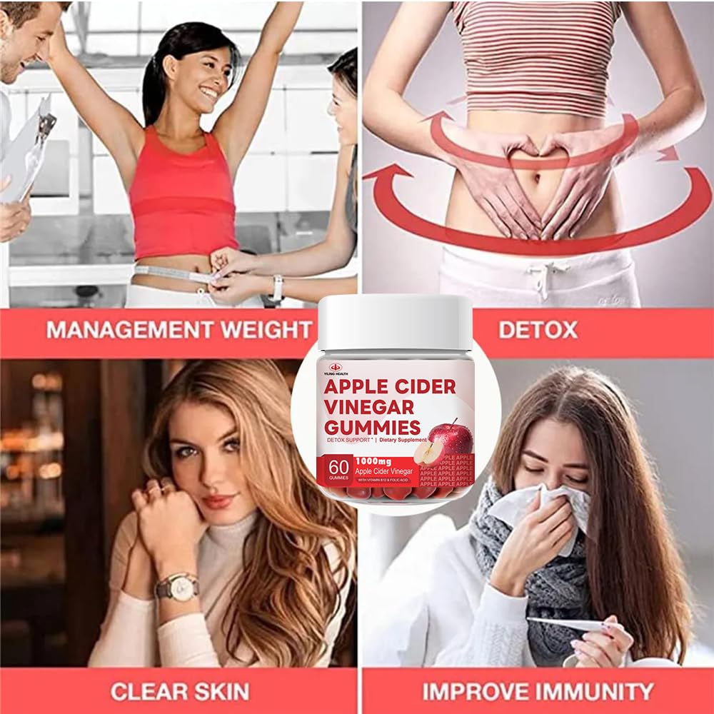 YiLing Improved Sour-Sweet Taste Apple Cider Vinegar Gummies - 1000mg -Formulated to Support Immune Health Normal Energy Levels & Gut Health- Apple Flavor Gummies Enriched B12 / B6 / Beetroot