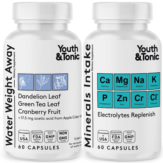 Water Weight Pills for Thin Waistline Belly Bloating Swelling & Temporary Water Retention + Electrolytes Replenish as Natural Diuretic Supplement for Woman & Men - 120 Capsules by Youth & Tonic
