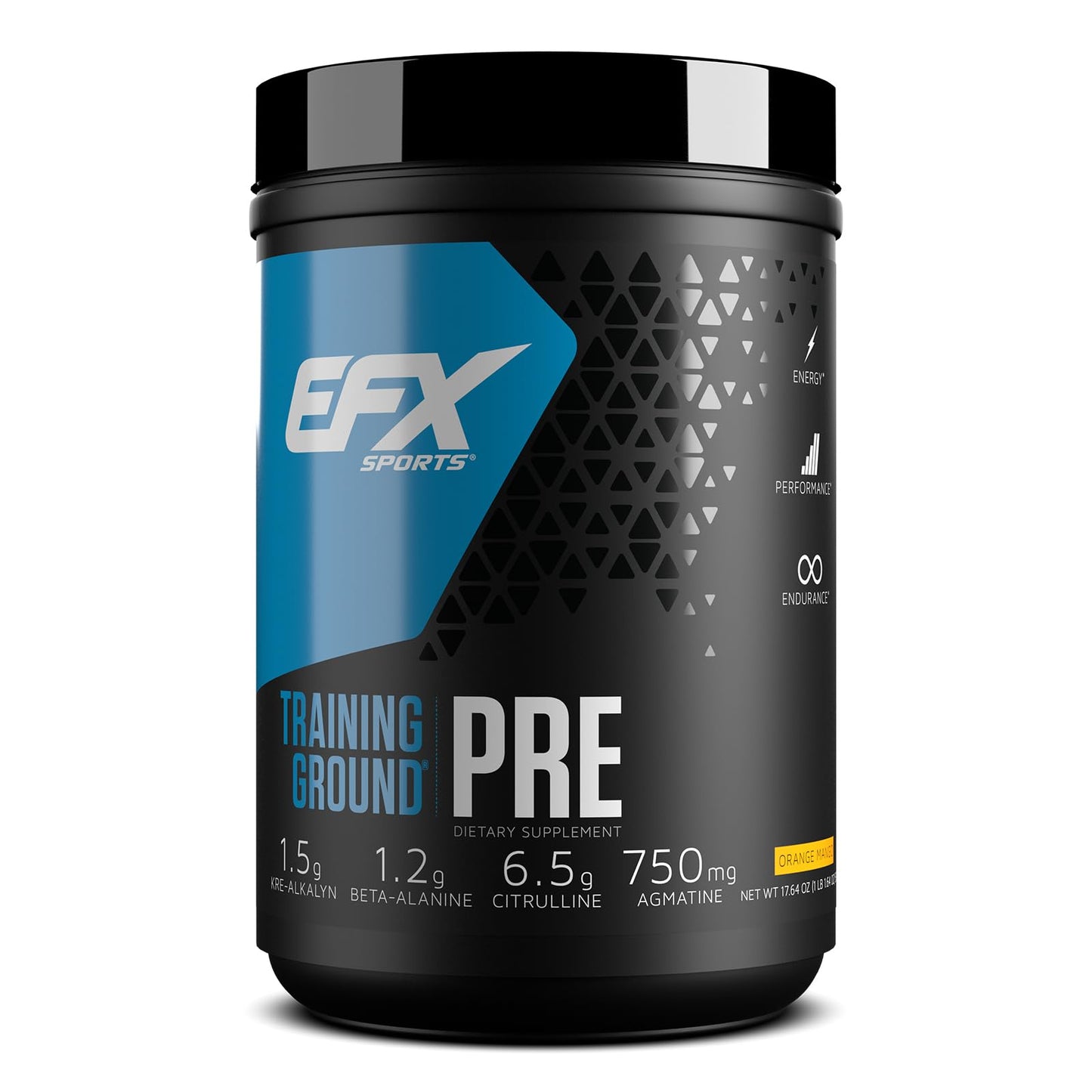 EFX Sports Training Ground Pre Workout Powder | Energy & Muscle Pumps | with Hydromax Glycerol, Citrulline, Beta Alanine | 300mg Caffeine | 20 Servings (Orange Mango)