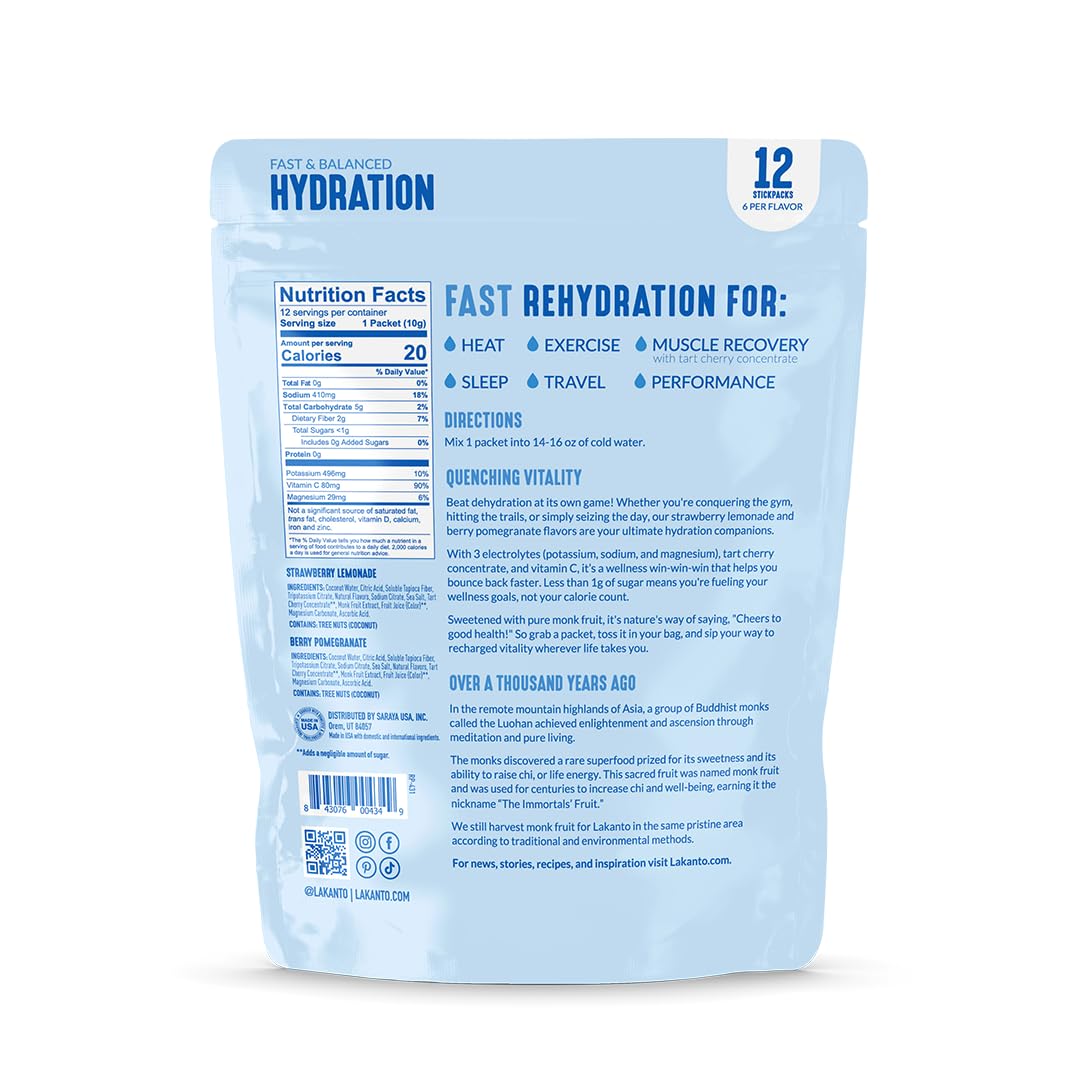Lakanto Hydration Pack Electrolyte Drink Mix - On The Go Hydration, Replenisher, Sports Nutrition Drink Packets, Performance, Recovery - Variety Pack 12 Sticks (Pack of 1)