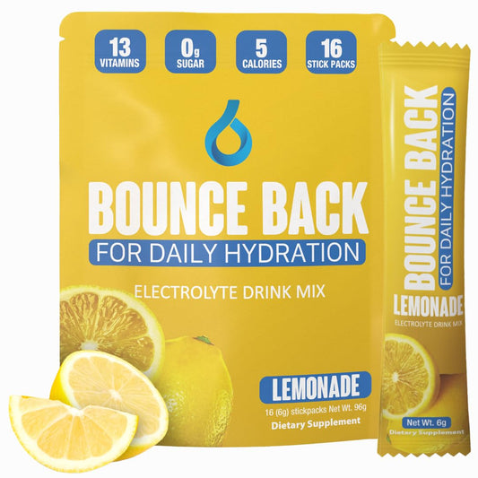 Bounce Back Daily Hydration - 13 Essential Vitamins, Zero Sugar Electrolyte Packets - 5 Calories, Organic - Keto Friendly | 0 Net Carbs (16 Pack, Lemonade)
