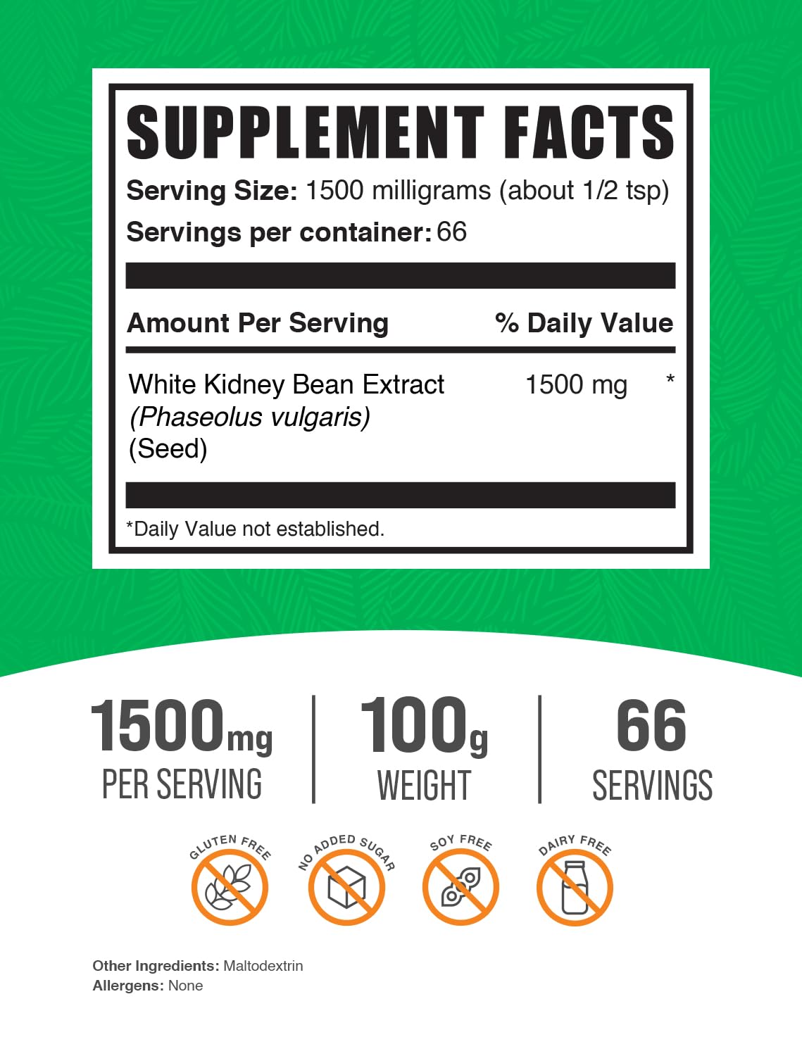 BulkSupplements.com White Kidney Bean Extract Powder - White Kidney Bean Powder, Herbal Supplement - Gluten Free, 1500mg per Serving, 100g (3.5 oz) (Pack of 1)