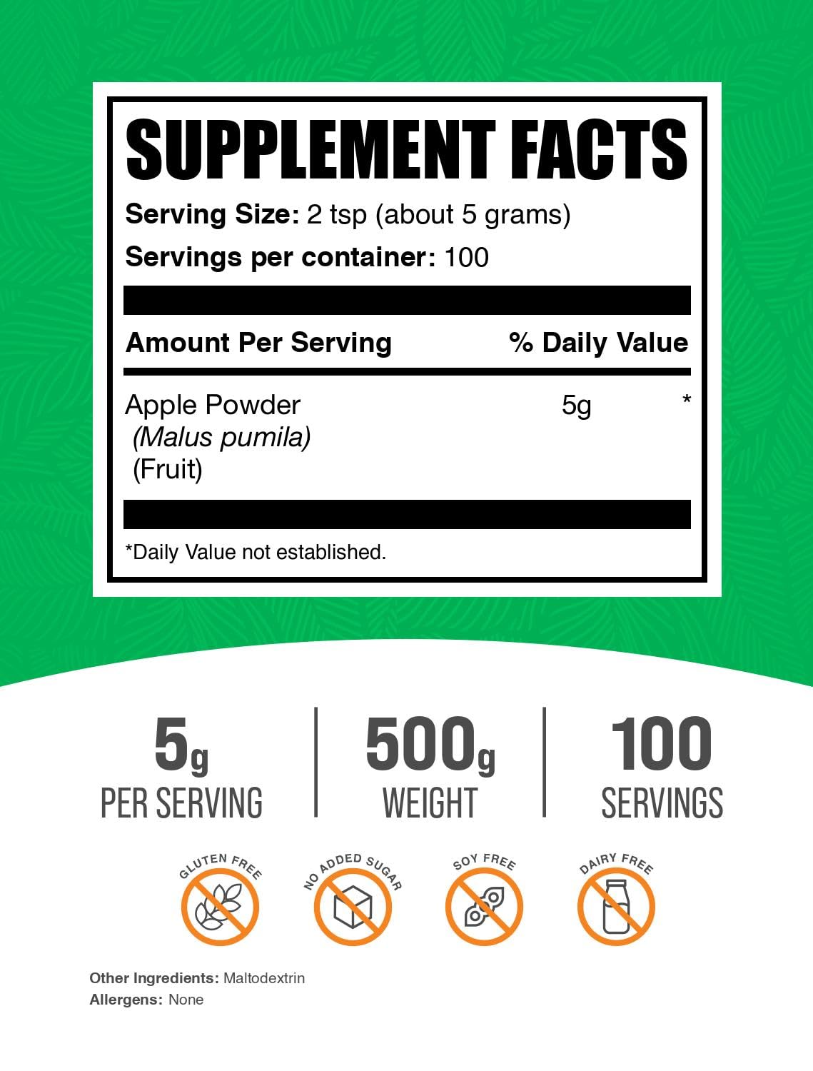BulkSupplements.com Apple Powder - Apple Fruit Powder, Superfood for Digestive Support - Natural & Gluten Free, 5g per Serving, 500g (1.1 lbs) (Pack of 1)