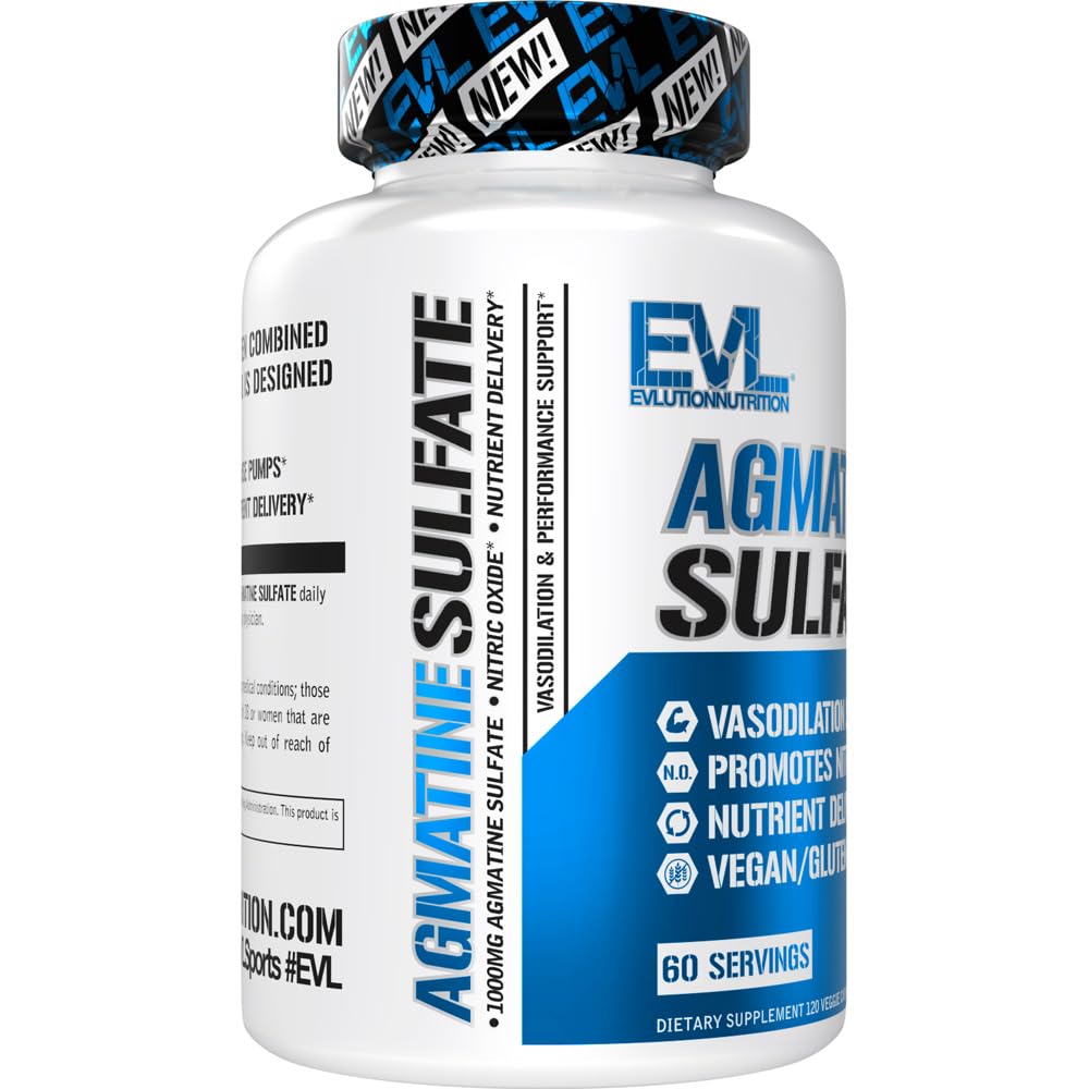 Evlution Nutrition Agmatine Sulfate Nitric Oxide Capsules - High Strength Agmatine Sulfate Nitric Oxide Supplement for High Intensity Pumps Muscle Growth Recovery and Performance - 60 Servings