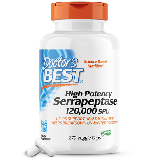 Doctors Best High Potency Serrapeptase, Supports Sinus Health, Non-GMO, Vegan 270 Veggie Caps