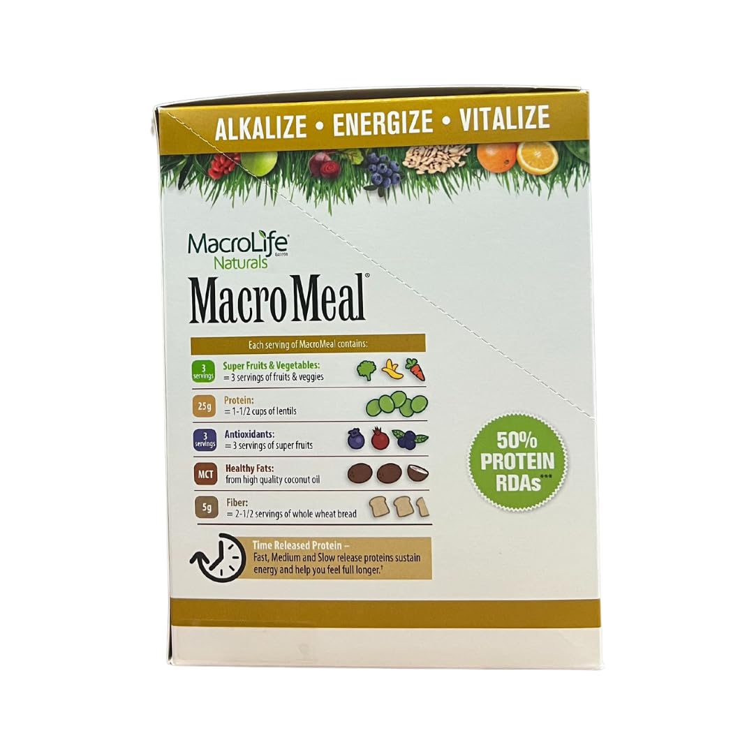 MacroLife Naturals MacroMeal Vegan Chocolate Superfood Supplement Powder Protein + Greens, Probiotics, Digestive Enzymes, Fiber - Energy, Detox, Immune - Non-GMO, Gluten-Free - 10 Packet Servings
