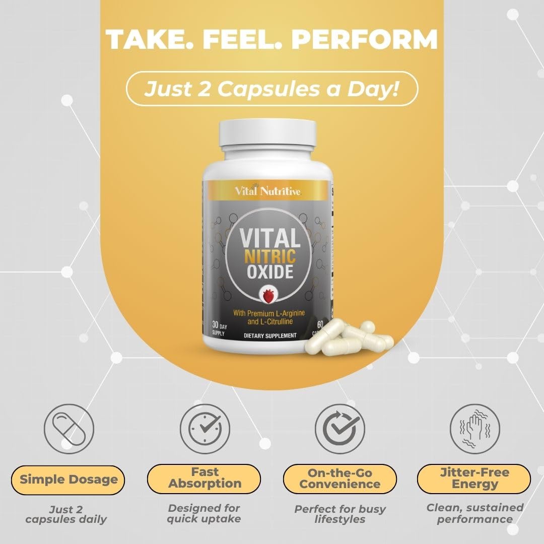 Vital Nitric Oxide Supplements for Men - Workout Booster Supplement for Men - Nitrous Oxide Boost Blood Flow, Blood Pressure, Energy and Workout Performance -30 Days Supply With L Arginine L Citruline