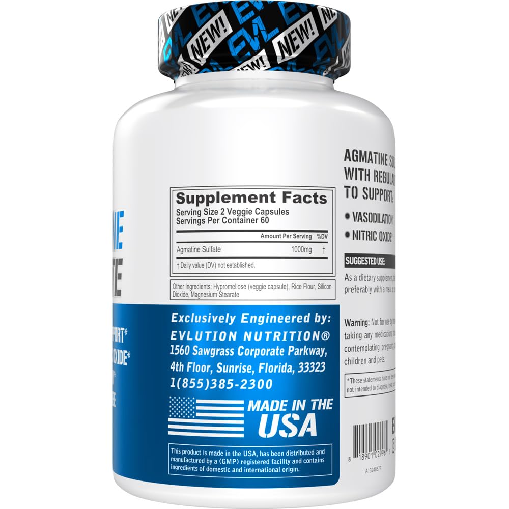Evlution Nutrition Agmatine Sulfate Nitric Oxide Capsules - High Strength Agmatine Sulfate Nitric Oxide Supplement for High Intensity Pumps Muscle Growth Recovery and Performance - 60 Servings