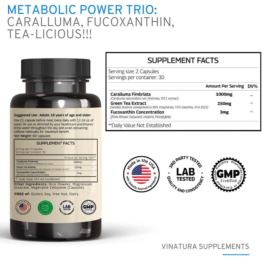 VINATURA Caralluma Fimbriata, EGCG 45% Extract 1250mg + Fucoxanthin 3mg per Serving *USA Made & Tested* for Immune Support, Energy and Mental Focus - 60 Capsules 30 Servings