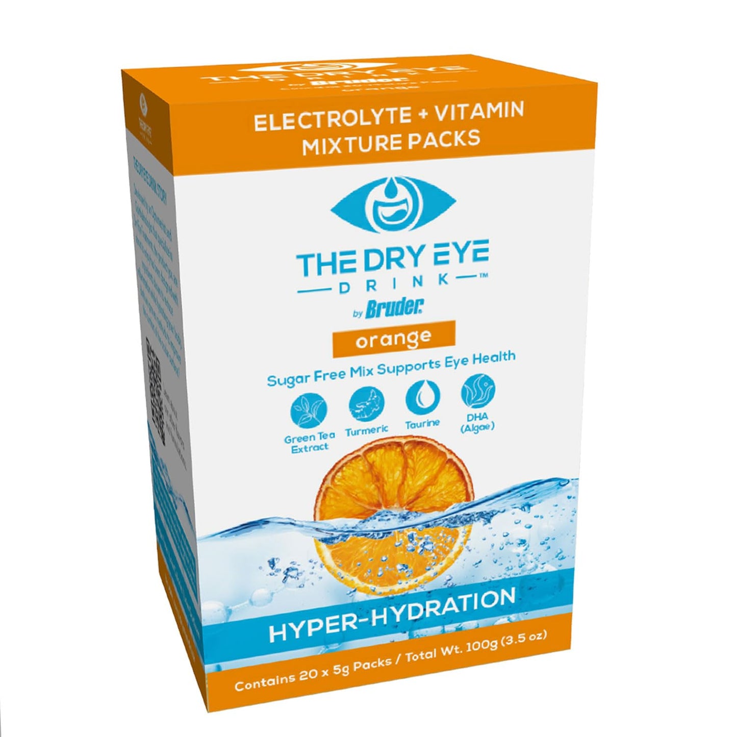 The Dry Eye Drink l Ultimate Hydration for Dry Eyes l Sugar-Free Electrolyte Powder Packets l Blended with Vitamins, Green Tea, Turmeric, Taurine, and DHA l 5g x 20 Packets (Orange)