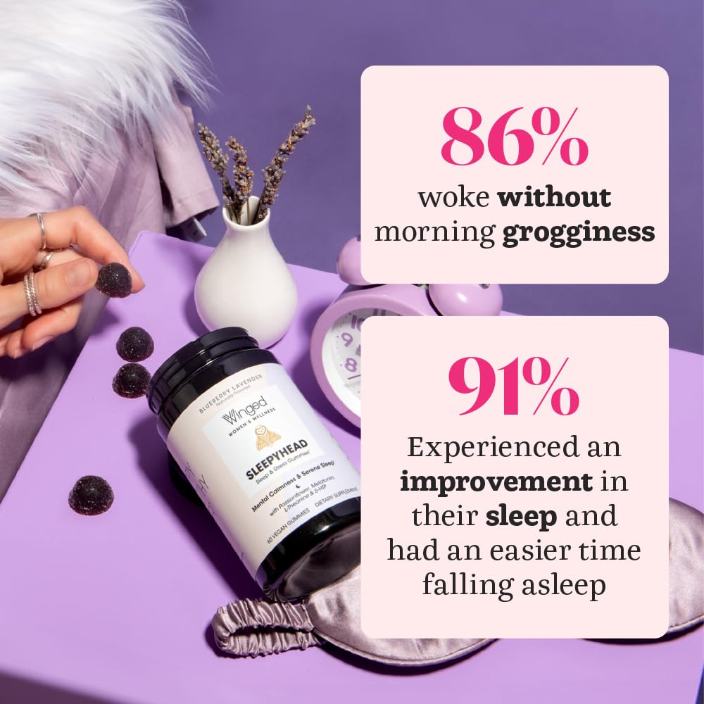 Winged Sleepyhead Gummies | Non-Habit Forming Natural Sleep Supplement | 8 Powerful Nutrients with Melatonin, L-Theanine, 5-HTP, Passionflower & Lemon Balm | Blueberry Lavender Flavor (7 Servings)