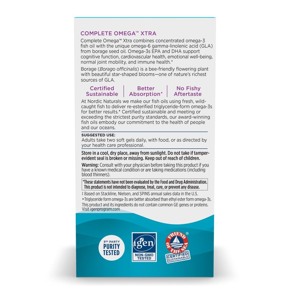 Nordic Naturals Complete Omega Xtra, Lemon - 60 Soft Gels - 1360 mg Omega-3 + 76 mg GLA - Healthy Skin, Joints & Cognition - Non-GMO - 30 Servings