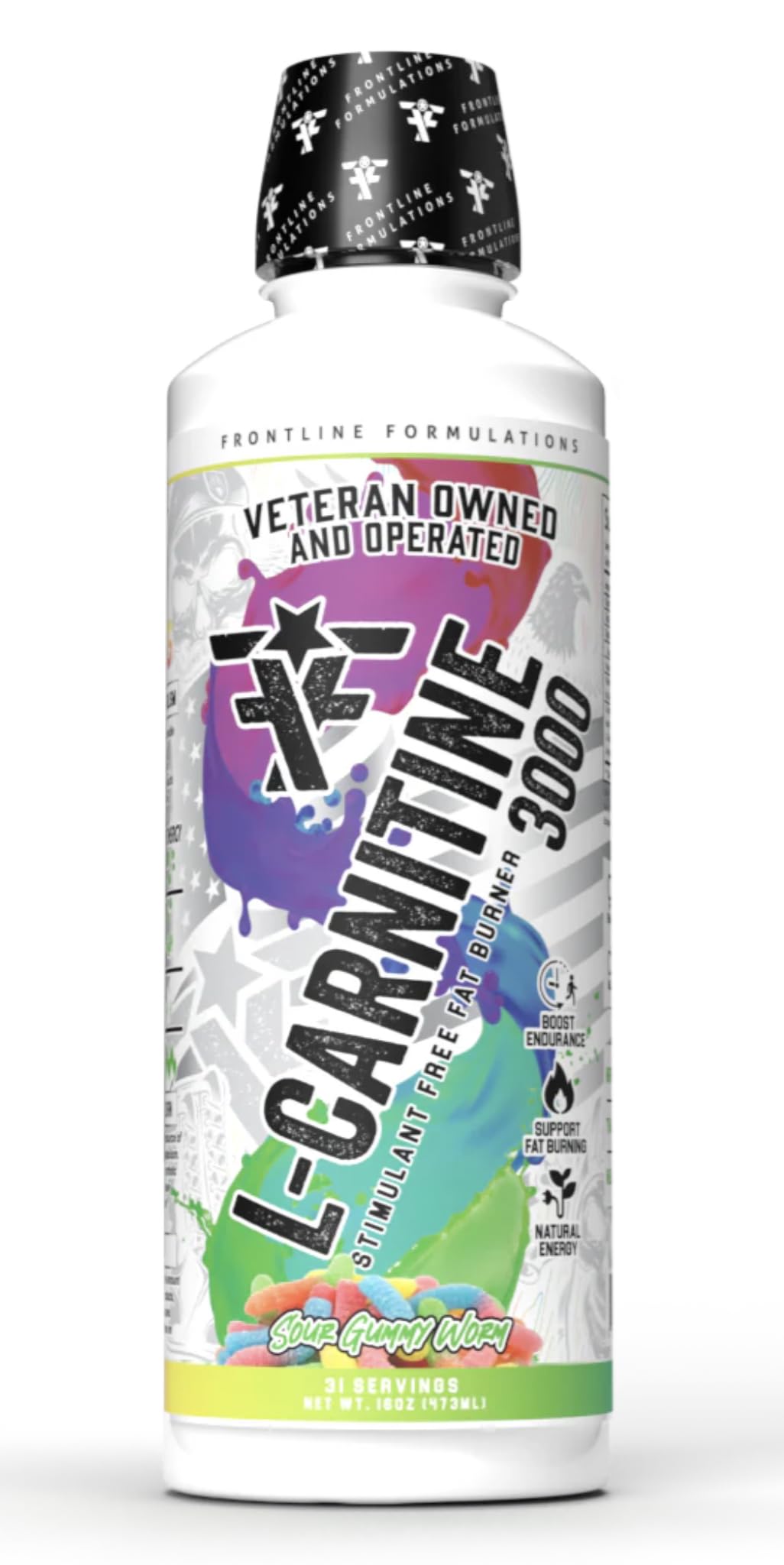 FRONTLINE FORMULATIONS L-Carnitine, Stimulant Free, Enhances Energy and Metabolism, Increased Energy and Endurance, Amazing Flavors, Veteran Owned and Operated (Sour Gummy Worm)