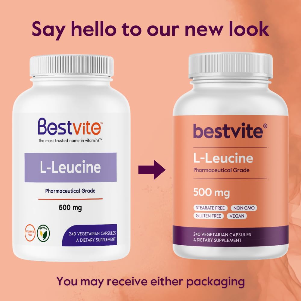 BESTVITE L-Leucine 500mg per Capsule (240 Vegetarian Capsules) - No Stearates - No Fillers - No Flow Agents - Vegan - Non GMO - Gluten Free