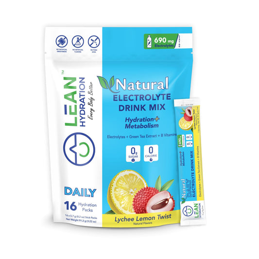 LEAN Hydration Daily Natural Electrolyte Packets Drink Mix | Zero Calories, Zero Sugar Plus Vitamins, Minerals & More | 16 ct (Lychee Lemon Twist)