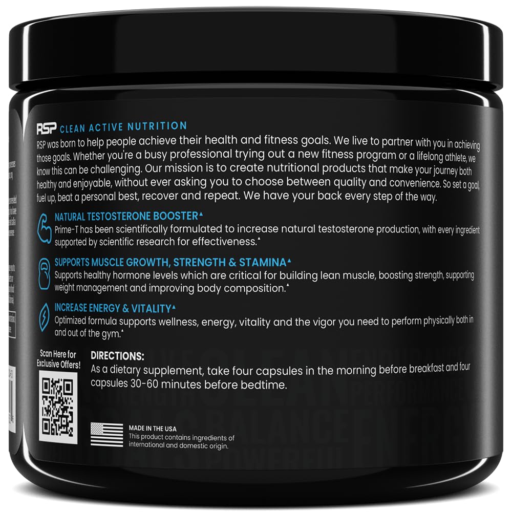 RSP NUTRITION Prime T - Testosterone Booster for Men, Natural Test Booster Pills, Lean Muscle Growth, Strength, Stamina & Healthy Sleep, 30 Servings
