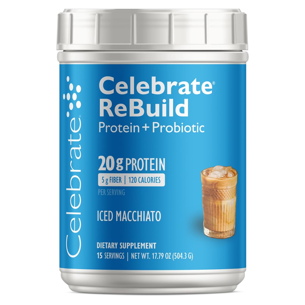 Celebrate Vitamins Rebuild Protein Powder with Probiotics & Prebiotics - 20g Whey Isolate Protein, High Fiber, for Post Bariatric Surgery Patients - Iced Macchiato (15 Servings)