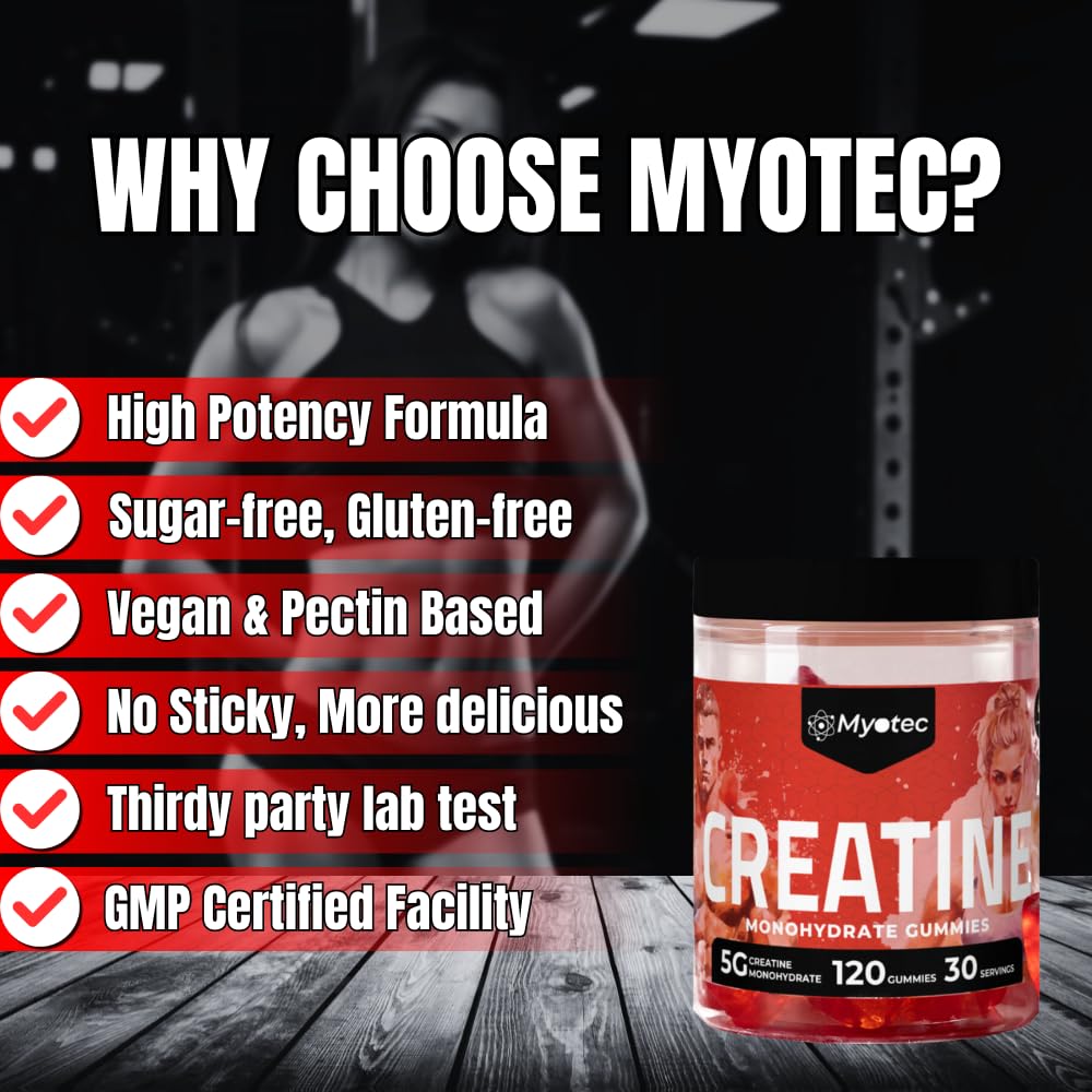 MYOTEC Creatine Monohydrate Gummies for Men & Women-5g of Creatine Monohydrate per Serving- Increase Strength and Build Muscle,Sugar Free, 120 Count