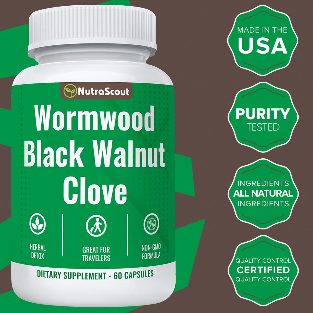 NutraScout Wormwood, Black Walnut & Clove Complex | Whole Body Detox Cleanse | Lab Tested, USA Made, Non-GMO, Easy to Swallow | 60 Capsules