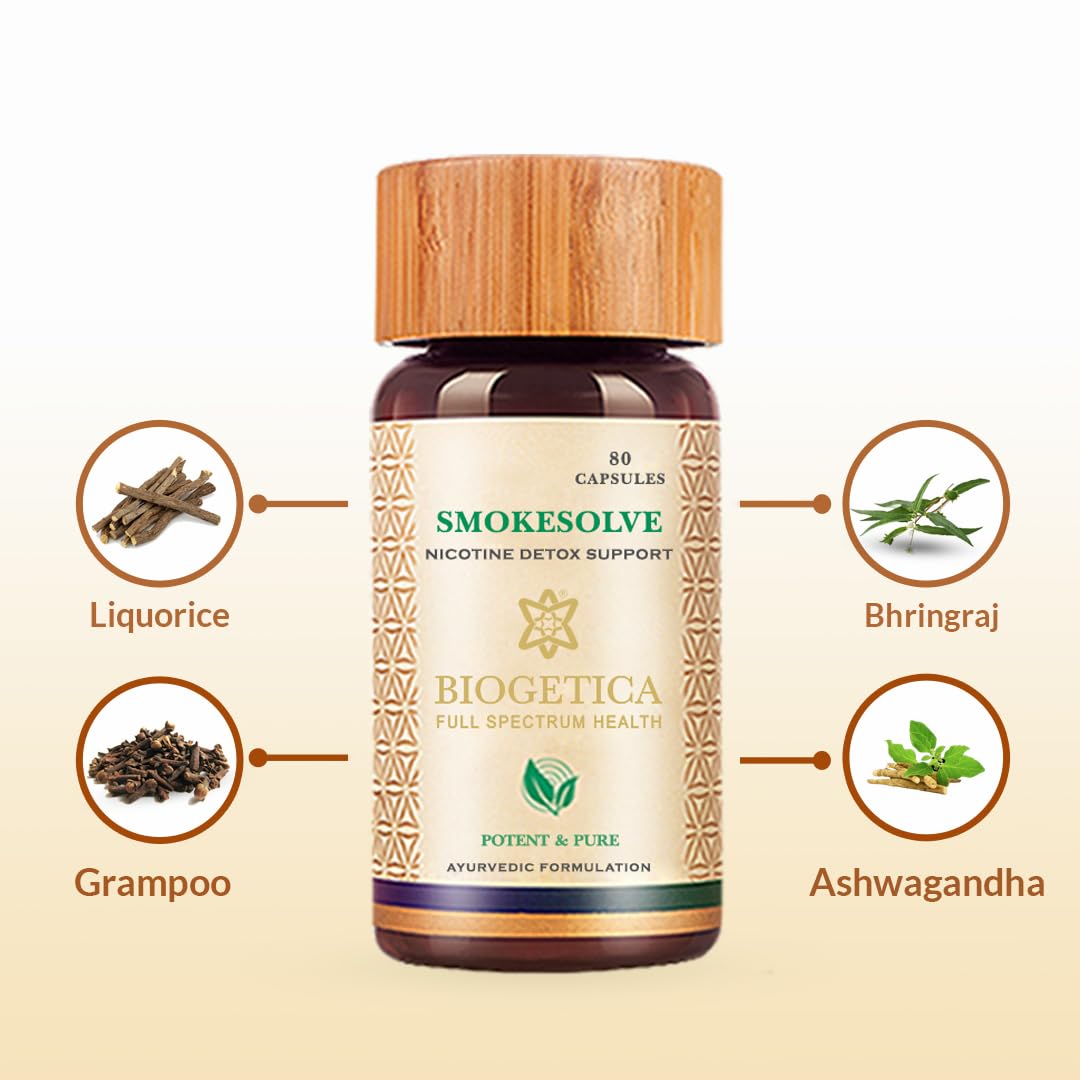 Biogetica Smokesolve Herbal Lung Detox Supplement with Yashtimadhu and Ashwagandha for Respiratory Health - Vegetarian & Non-GMO - 100% Vegan - 80 Capsules