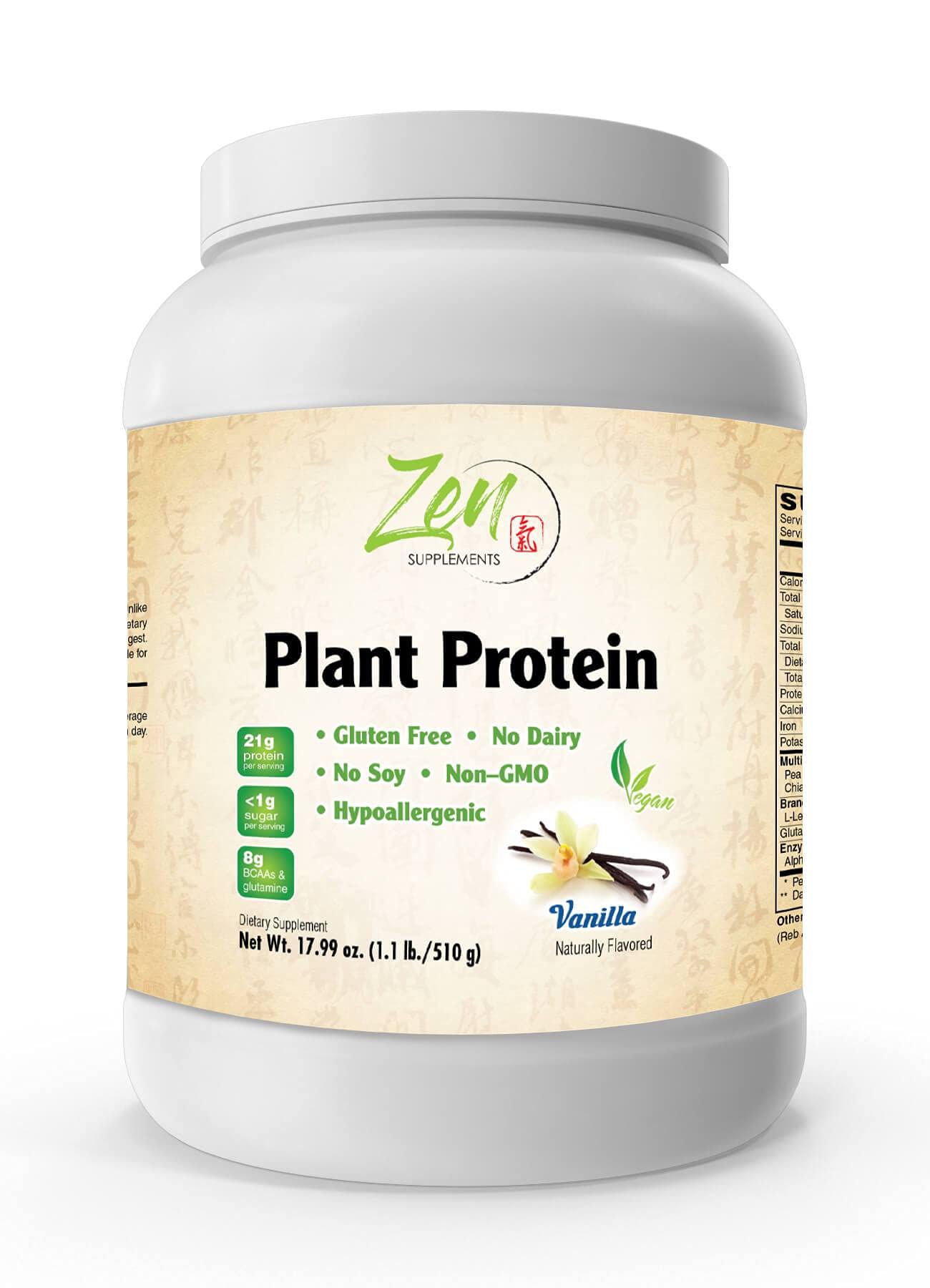 Zen Supplements - Plant Protein-Vanilla 510G 1.1LB-Powder- 25 Grams of Protein Per Serving -Vegan, Low Net Carbs, Non Dairy, Gluten Free, Lactose Free, No Sugar Added, Soy Free, Kosher, Non-GMO