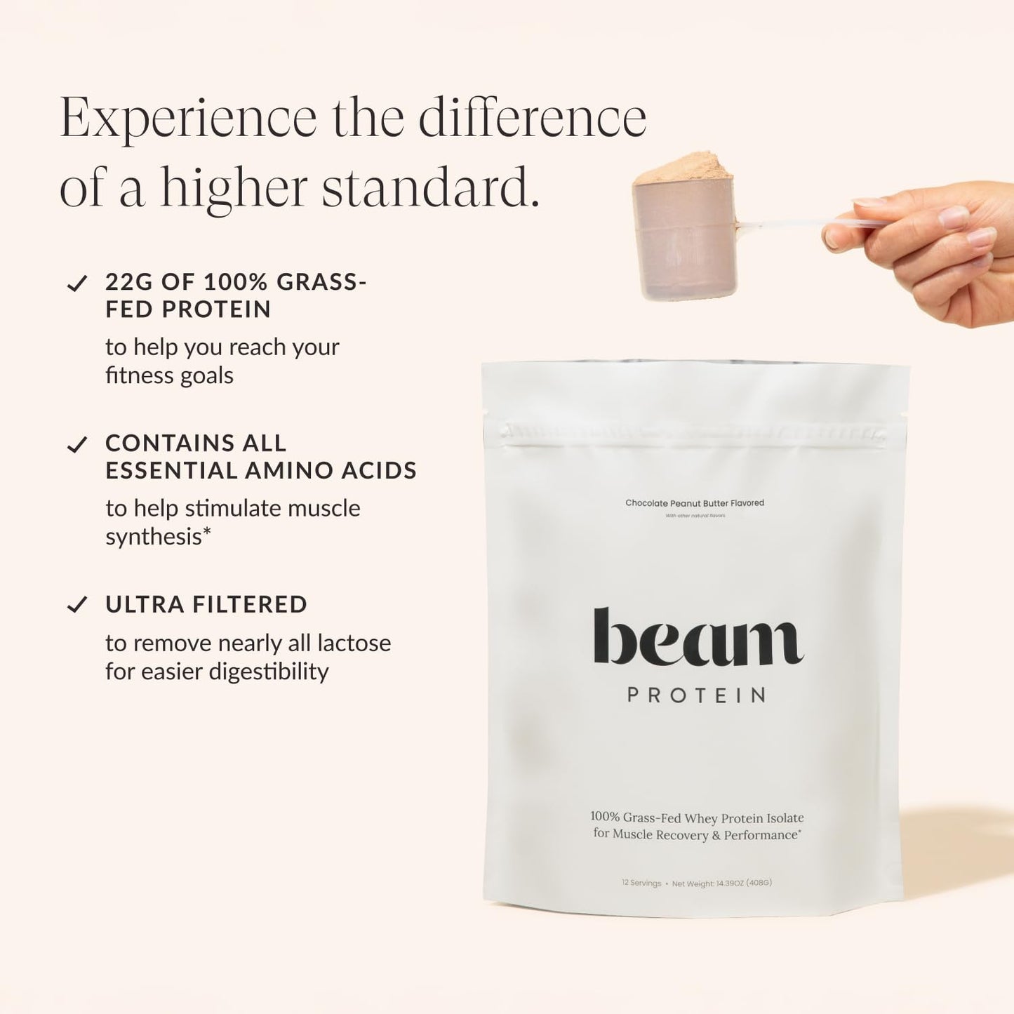 Beam Grass Fed Whey Protein Powder - Chocolate Peanut Butter, 12 Servings, 22g Protein Per Serving, Clean Whey Isolate & Concentrate, Low Carb, Paleo Friendly, GMO Free, Gluten Free, 3rd Party Tested