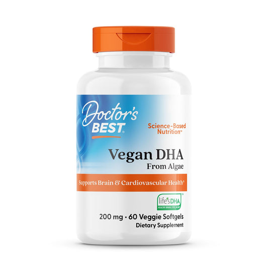 Doctors Best Vegan DHA from Algae, Supports Brain & Cardiovascular Health, Non-GMO, Gluten Free, Soy Free, Vegan 60 Veggie Softgels