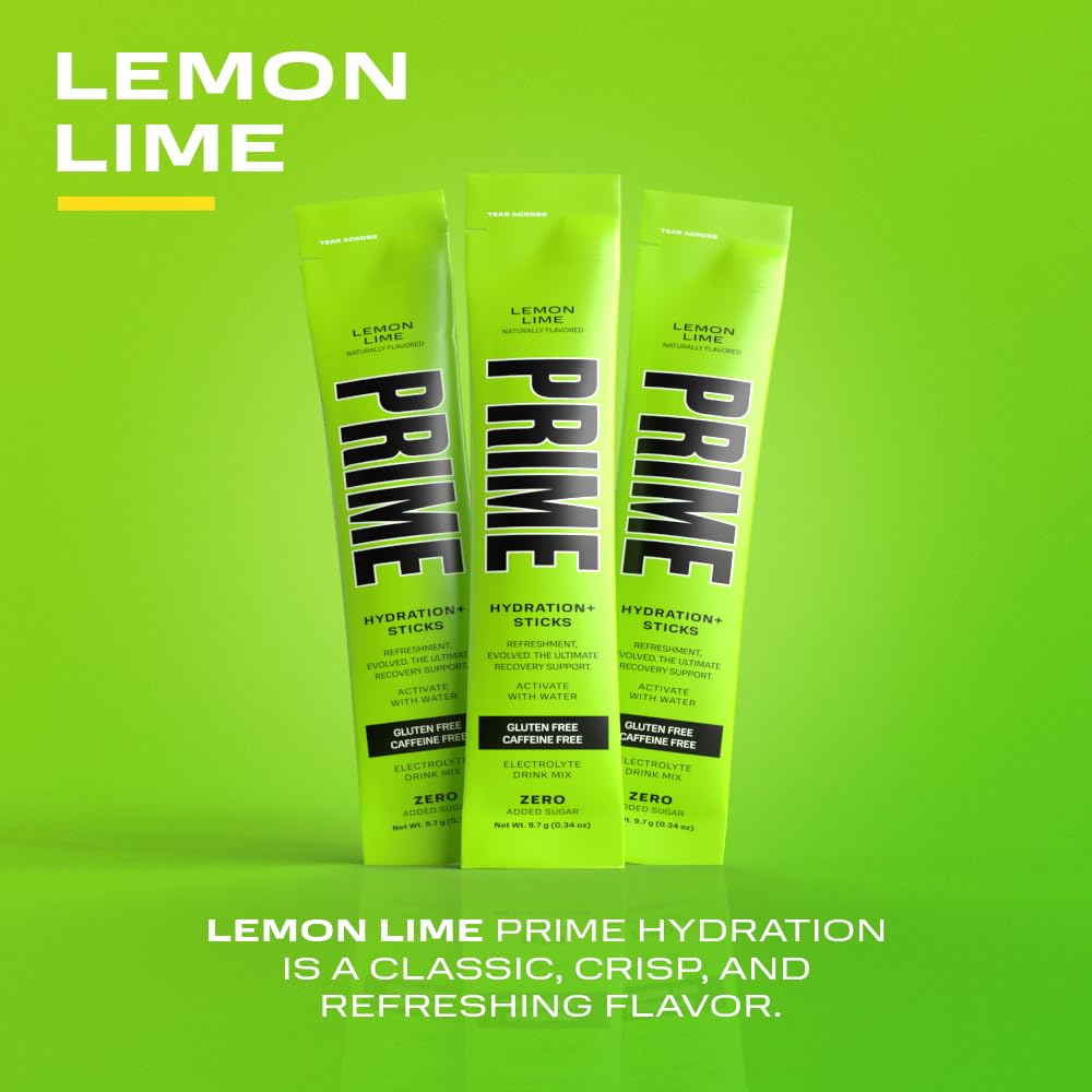PRIME HYDRATION+ Sticks Lemon Lime | Hydration Powder Single Serve Sticks | Electrolyte Powder On The Go | Low Sugar | Caffeine-Free | Vegan | 48 Sticks