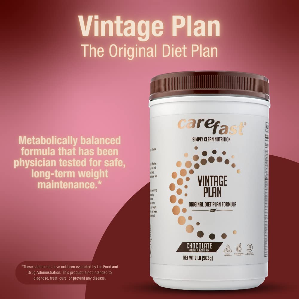 CAREFAST Vintage Plan Meal Replacement Mix - Chocolate - 21 Serving Weight Loss Powder - 15g Protein - 3g Fiber - 24 Vitamins & Minerals 2 lb Protein Shake Smoothie