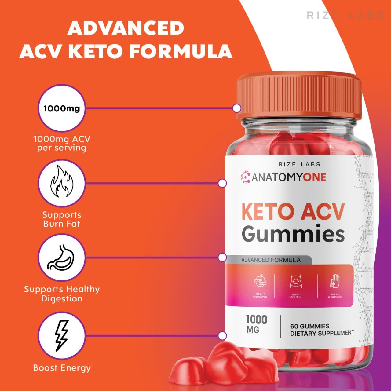 rize labs - AnatomyOne Keto ACV Gummies Advanced Weight Loss with Apple Cider Vinegar Supplement Belly Fat Extra Strength Gummy (120 Gummies)