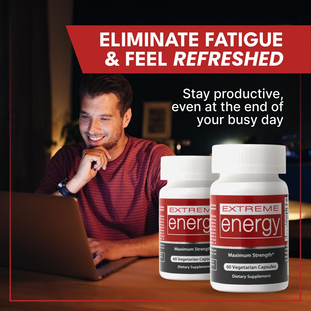 Extreme Energy Pills - Maximum Strength All-Natural Energy Supplements for Fatigue, Focus, Motivation - Long-Lasting, Powerful Energy Without Crash, Jitters, Sugar (60 Ct)