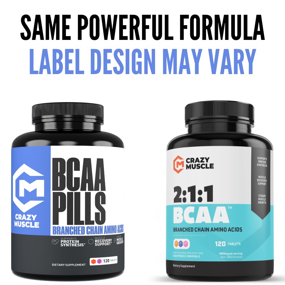 Crazy Muscle BCAA Pills with The Perfect 2:1:1 Ratio of Branched Chain Amino Acids Supplement, 1000mg of BCAAs per Pill (Better Than Capsules), 120 Tablets