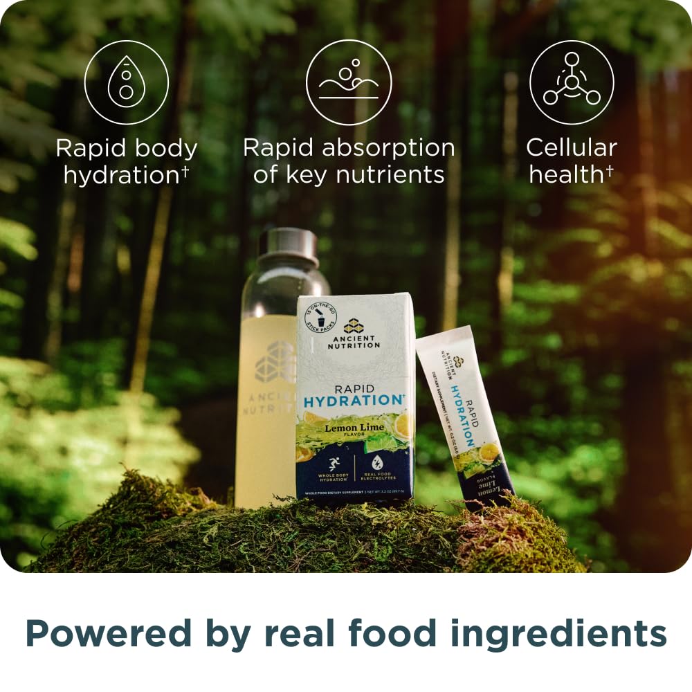 Ancient Nutrition Rapid Hydration Powder, Lemon Lime, Electrolytes from Natural Sea Salts and Red Marine Algae, Supports Rapid Body Hydration and Cellular Health, 15 Servings