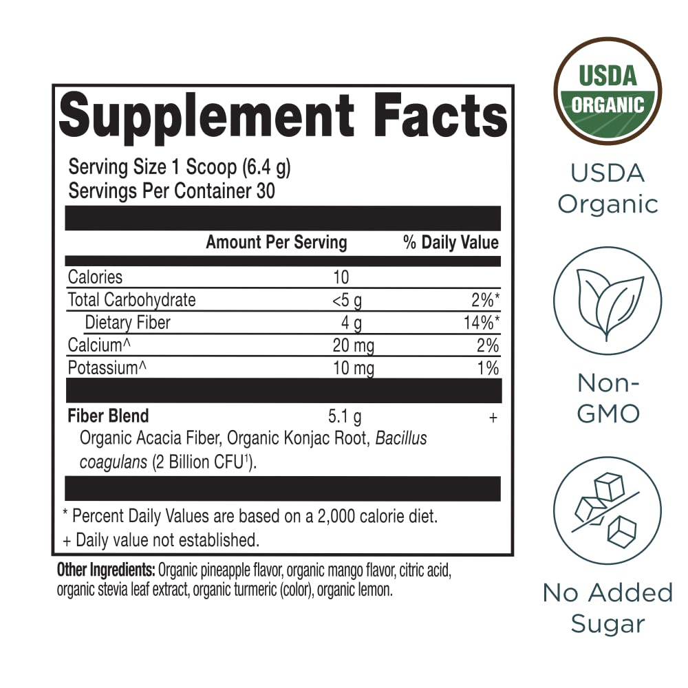 Ancient Nutrition Organic Fiber Powder, Pineapple Mango, Soluble Fiber from Acacia & Konjac Root, Supports Digestive Health, Reduces Bloating, 6.4 oz