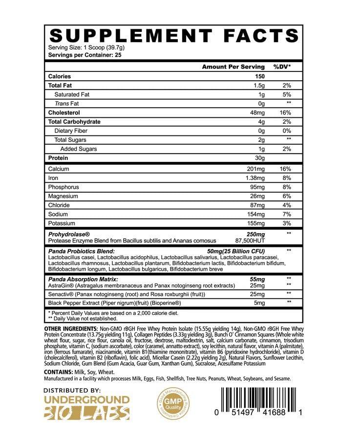 Underground Bio Labs Panda Fuel Premium Protein Non-GMO Whey,Hydrolyzed Collagen,Casein,Probiotics,Digestive Enzymes, Keto Friendly,Time Release, 25 Servings (Cinnamon Toast) (with inclusions)